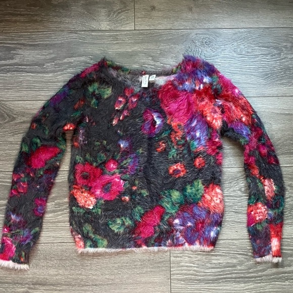 Meadow Rue by Anthropologie Gray Pink Fuzzy Floral Long Sleeve Sweater Size XS - Picture 1 of 8